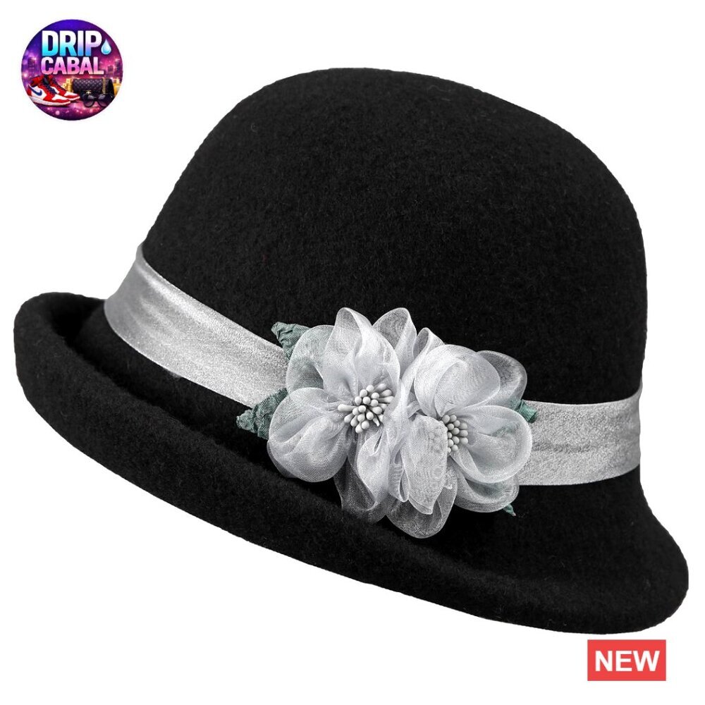 Wool Felt Floral Bucket Hat, Vintage Cloche Fedora for Women
